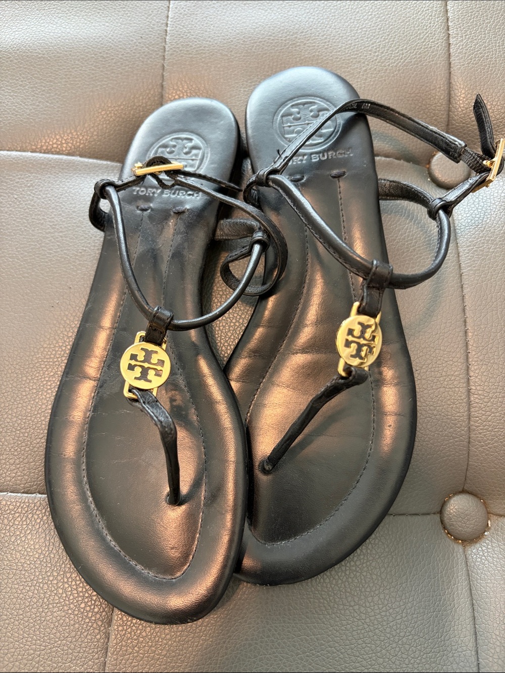 Tory Burch Emmy Black Leather T-Strap Sandals with Gold Logo